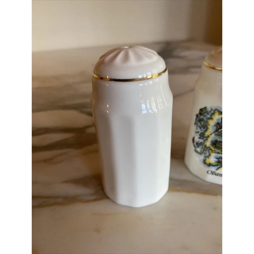 Salt Pepper Shaker White Scotland Map Oban Bone China Gold Trim Set